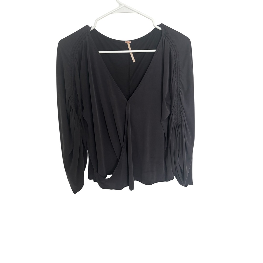 Free People Black Ruched Sleeve V-Neck Faux Wrap Blouse Festival Cottage Top XS